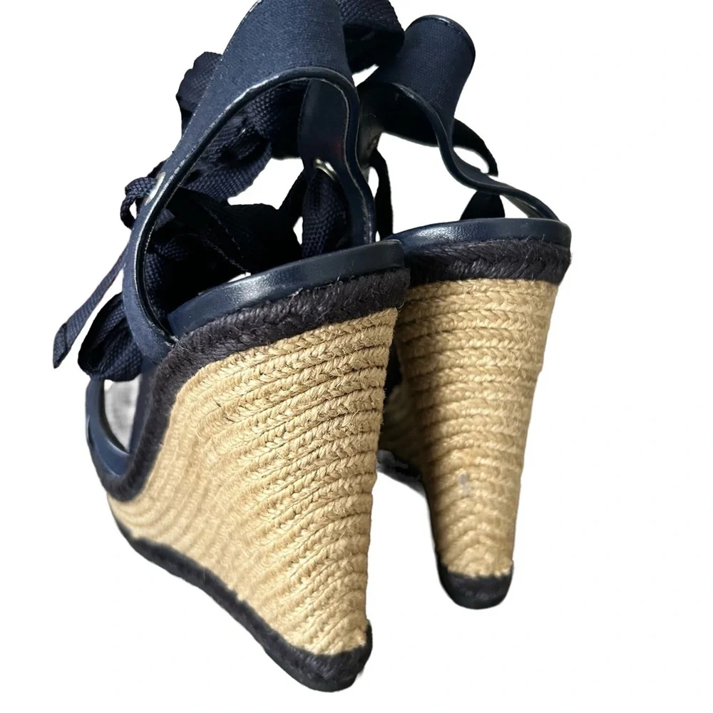 Ankle Lace up Espadrille sandals, blue open toe. 4 inch heel, women’s size 8.